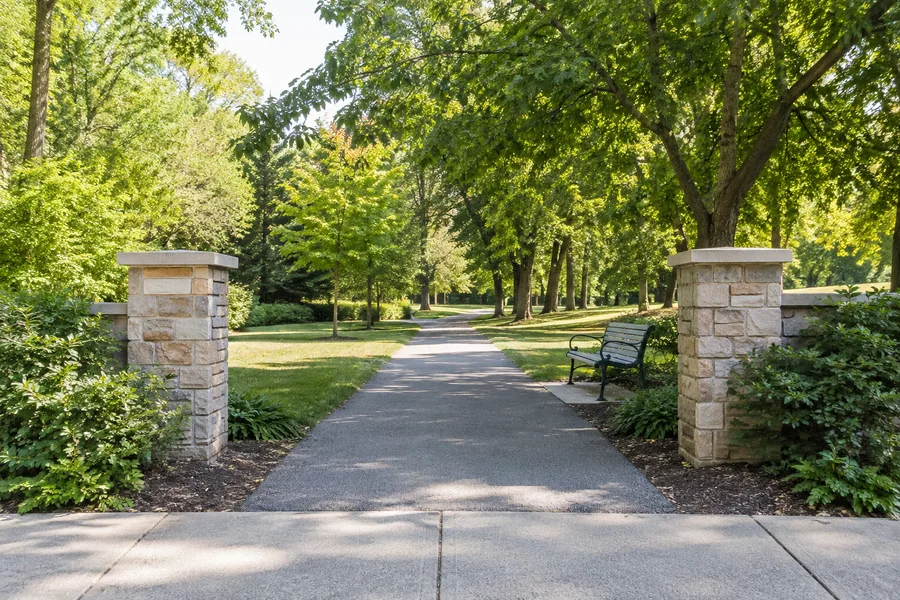 Example meeting location: a park entrance with stone pillars and a bench.