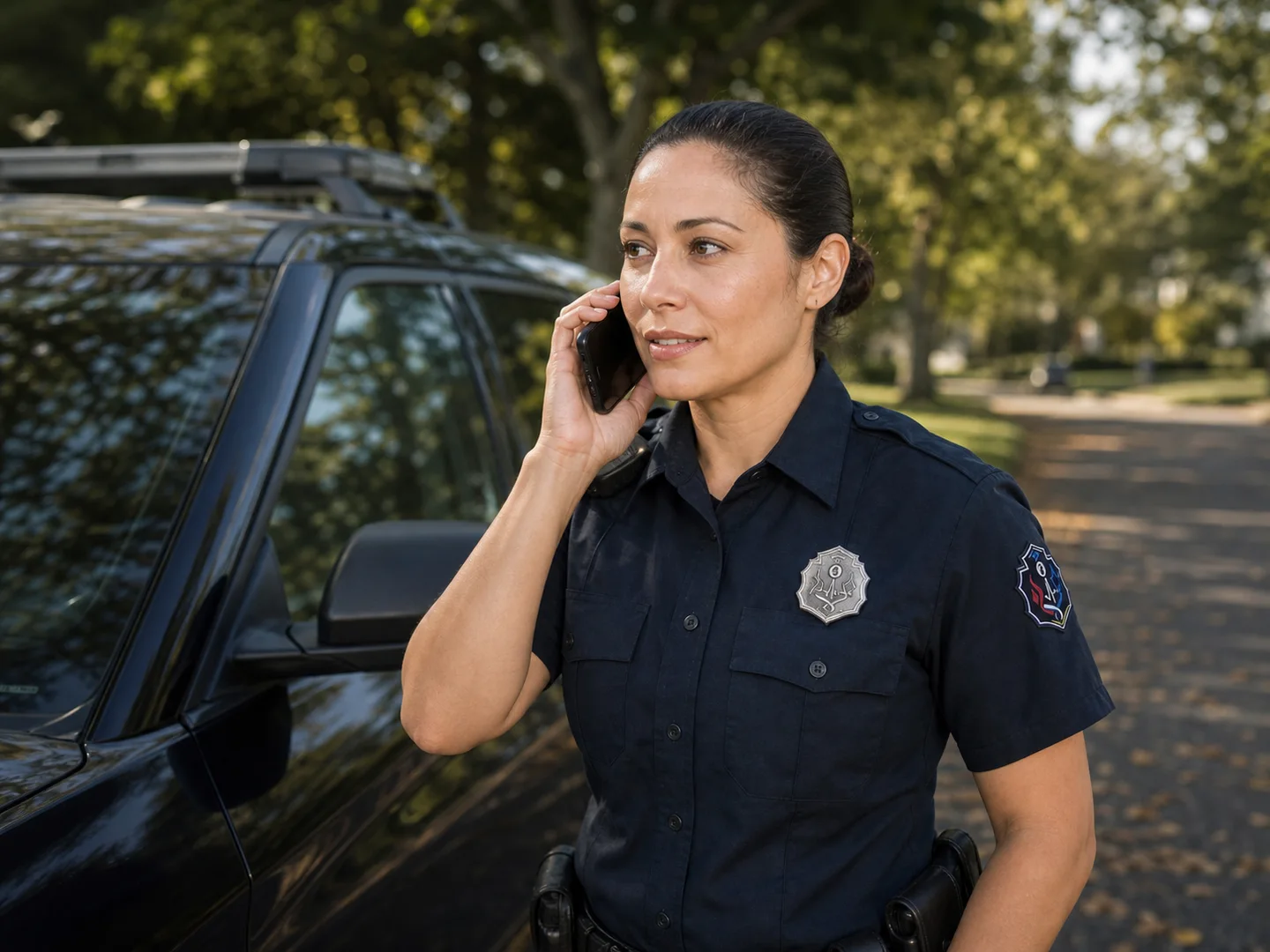 Officer using a phone beside a patrol vehicle