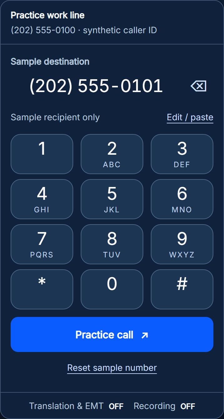 Actual 9/Line practice dialer showing synthetic sample numbers and a number keypad