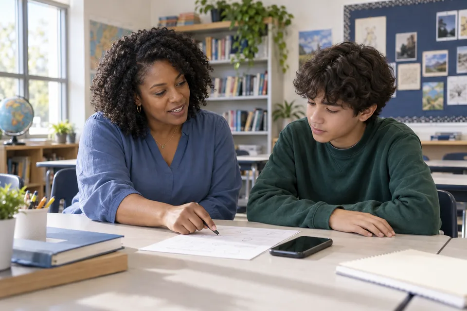 A teacher helping a student with a worksheet, with a phone on the classroom table