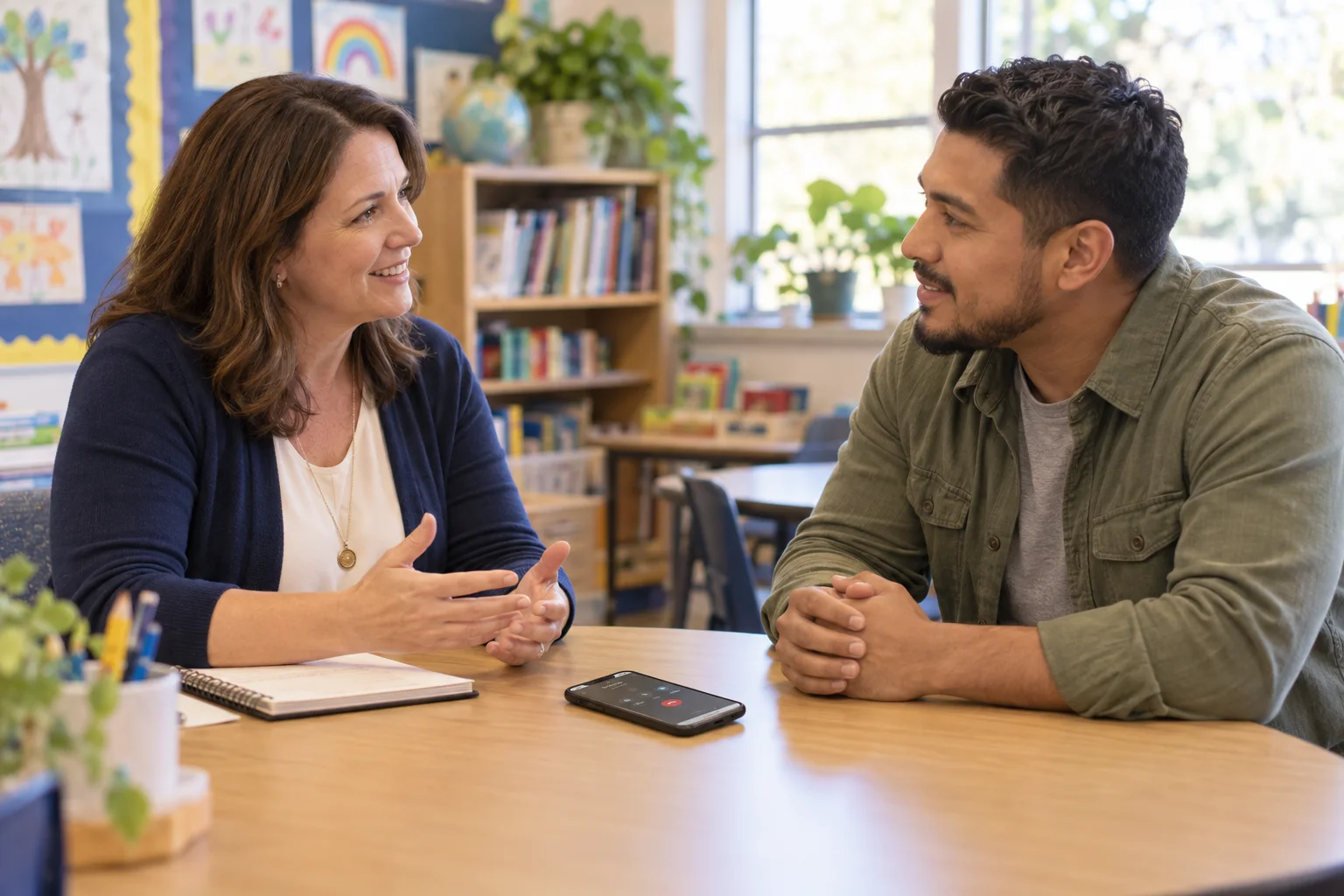 A teacher and parent talking across a classroom table with a phone between them
