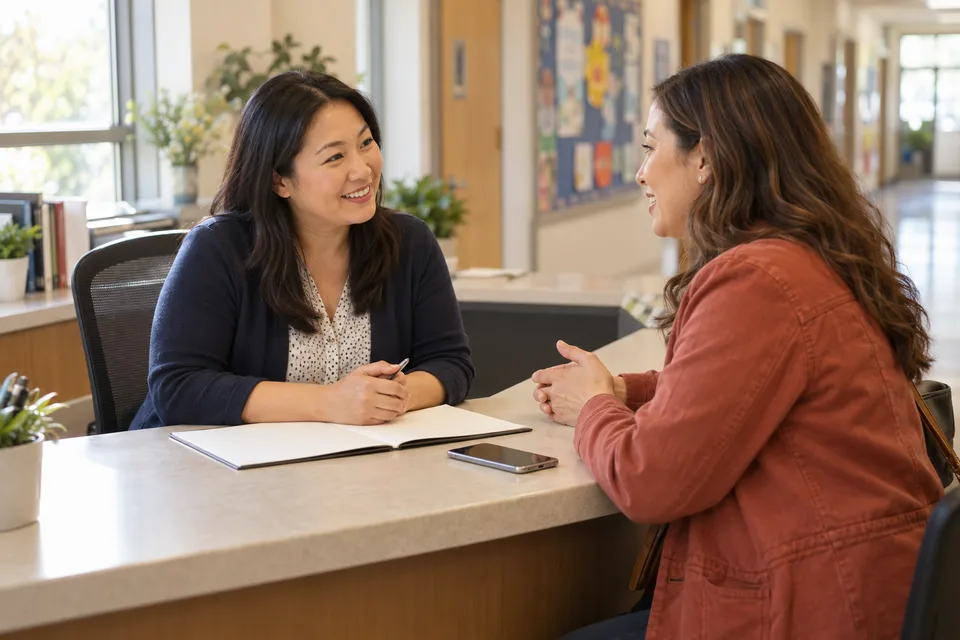 A school office administrator welcoming a parent at a desk with a phone between them