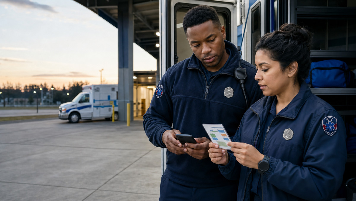 Field supervisor and EMT reviewing a language-access call flow before shift