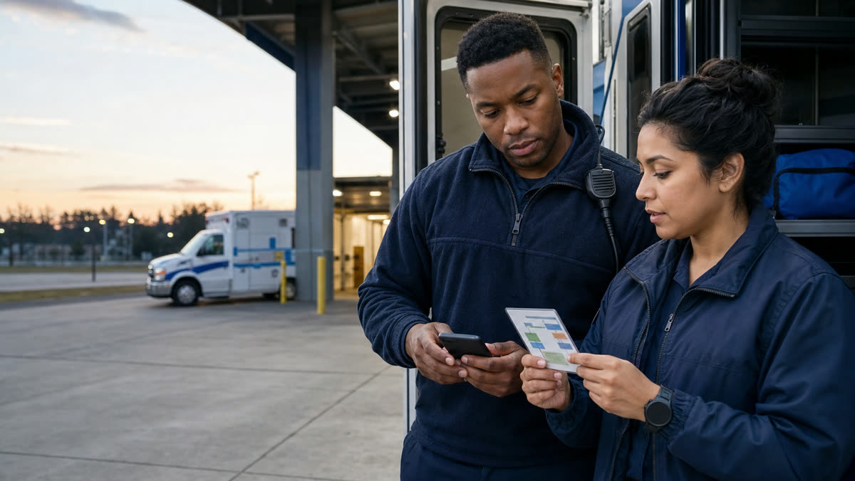 Field supervisor and EMT reviewing a language-access call flow before shift