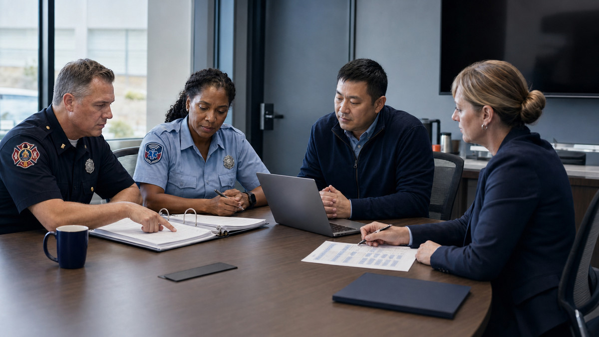 Public-safety command and procurement staff reviewing implementation materials