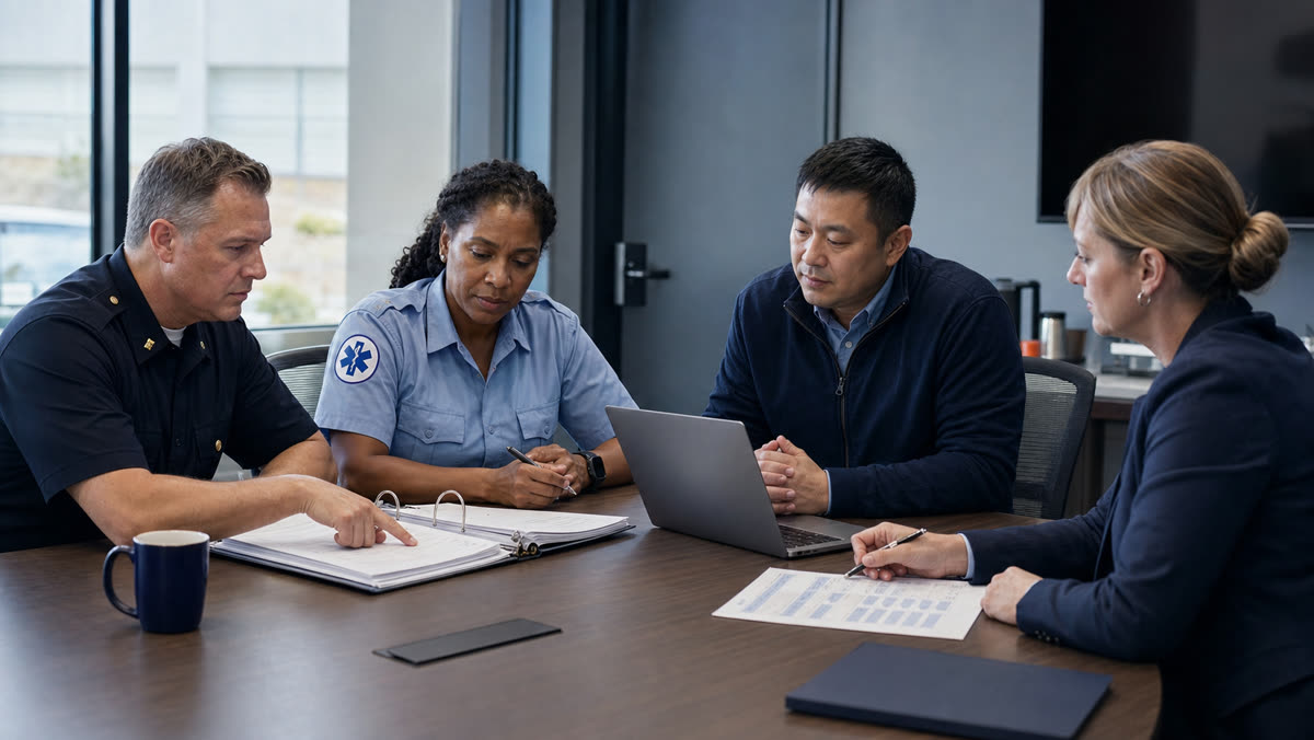 Public-safety command and procurement staff reviewing implementation materials