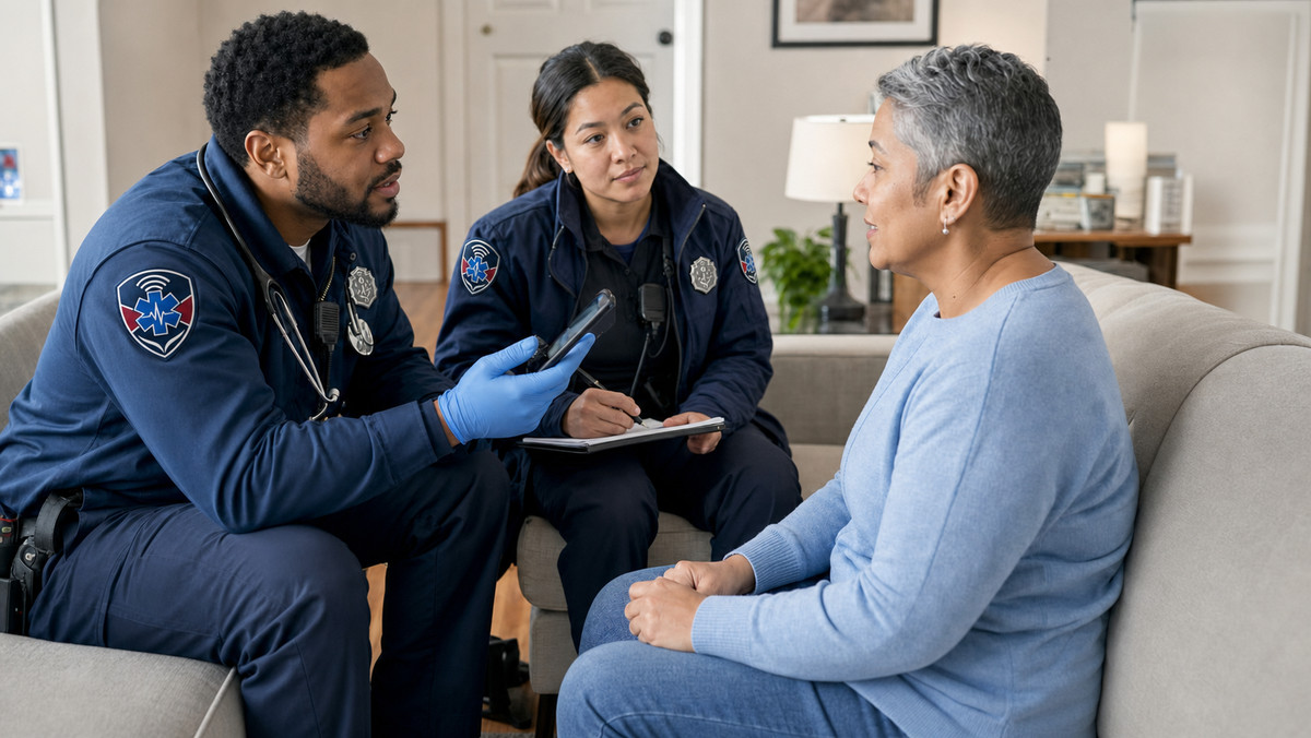 EMS responders using phone interpretation during a calm patient assessment