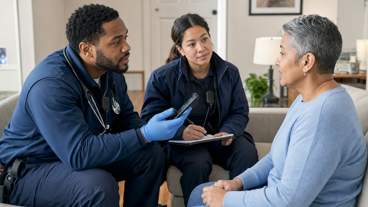 EMS responders using phone interpretation during a calm patient assessment