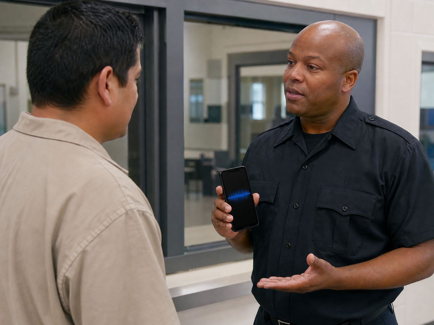 Correctional officer using a secured phone interpretation service for routine instructions