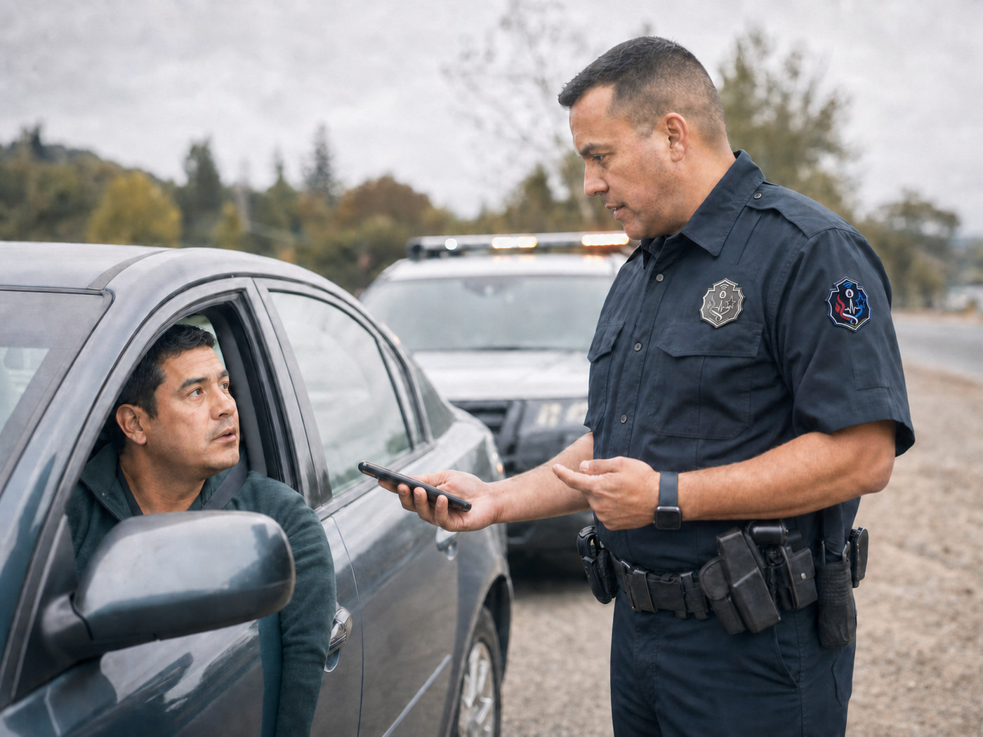 Officer speaking with a civilian beside a patrol vehicle