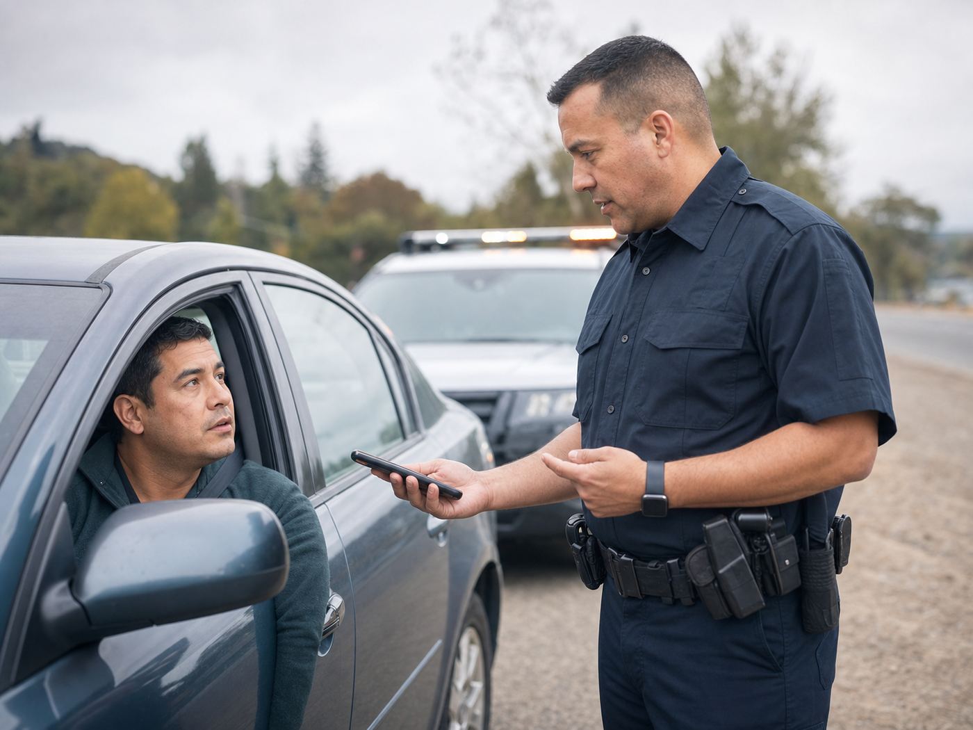 Officer using a phone interpretation service during a calm roadside conversation
